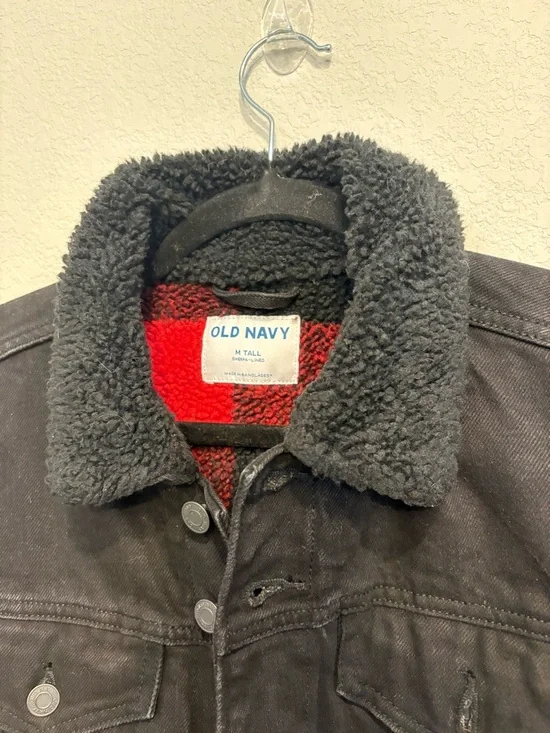 Old Navy Sherpa Lined Black Denim Jacket Mens M Tall Plaid Flannel Trucker Coat - Picture 10 of 12